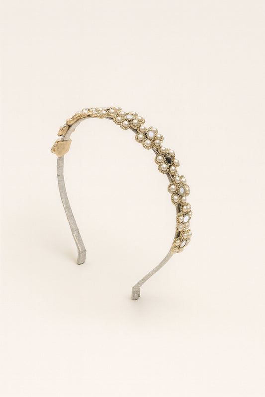 Choko Pearl Floral Embellished Hair Band for Girls Elegant Festive and Party Wear - White, Silver