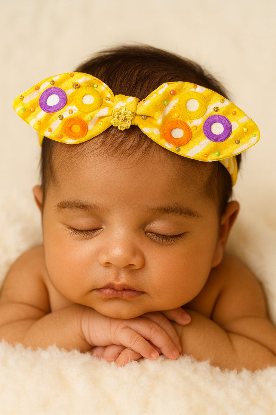 Choko Yellow Bow Hair Band for Girls with Multicolor Circular Embellishments, Bright & Playful