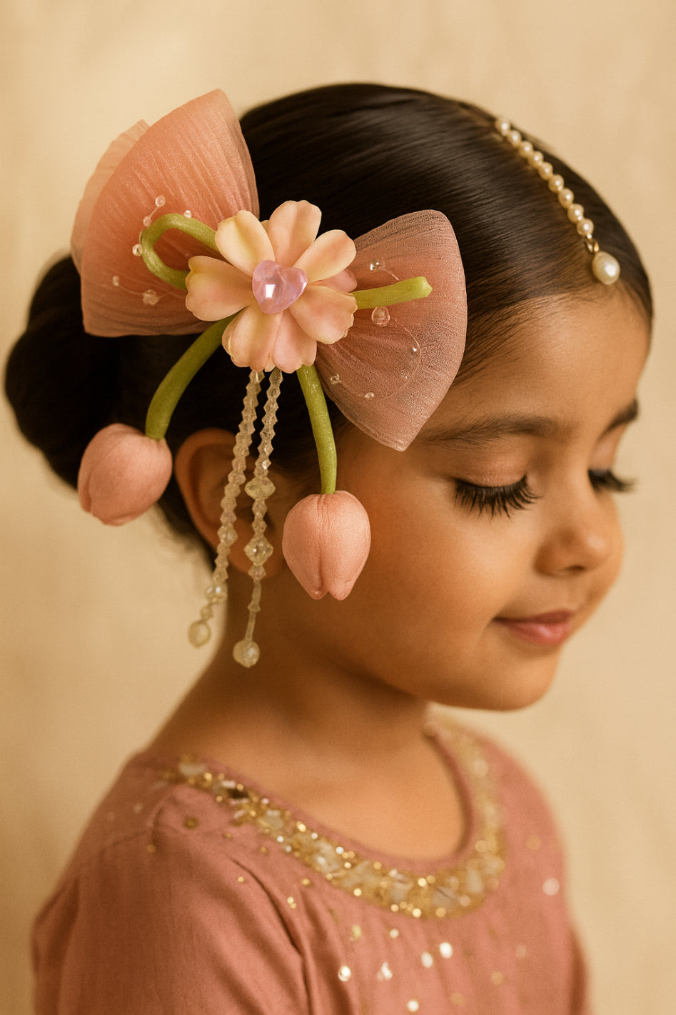 Choko Peach Floral Bow Hair Clip with Beaded Tassels and Soft Fabric Finish for Girls Party Wear