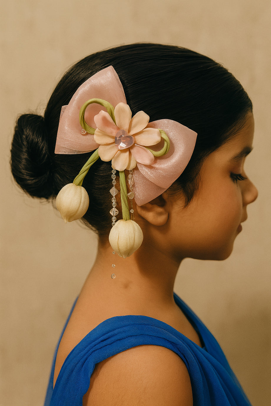 Choko Pink Floral Bow Hair Clip with Soft Fabric Petals and Crystal Bead Tassels for Girls