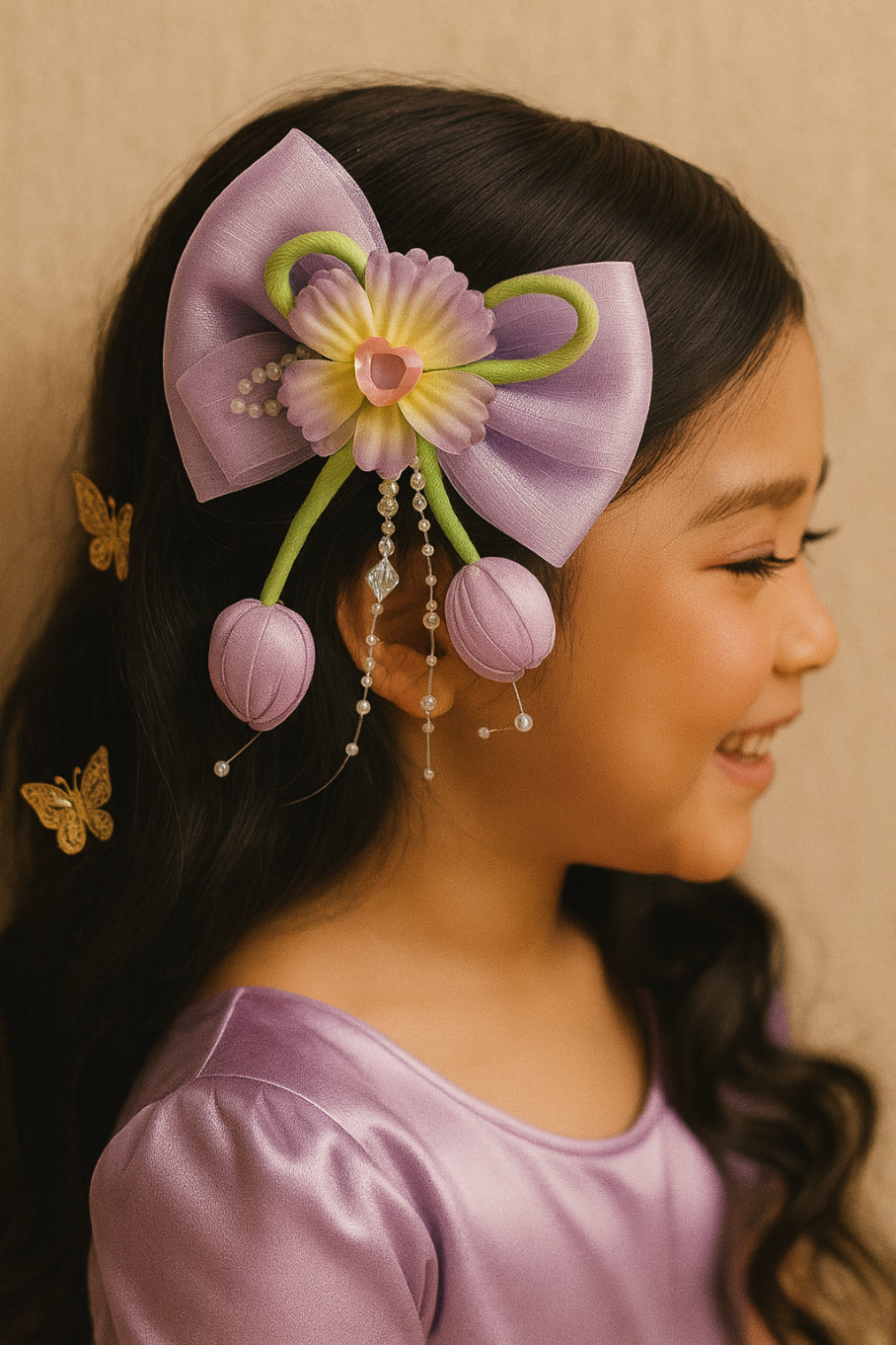 Choko Lavender Floral Bow Hair Clip with Crystal Bead Tassels and Soft Fabric Finish for Girls