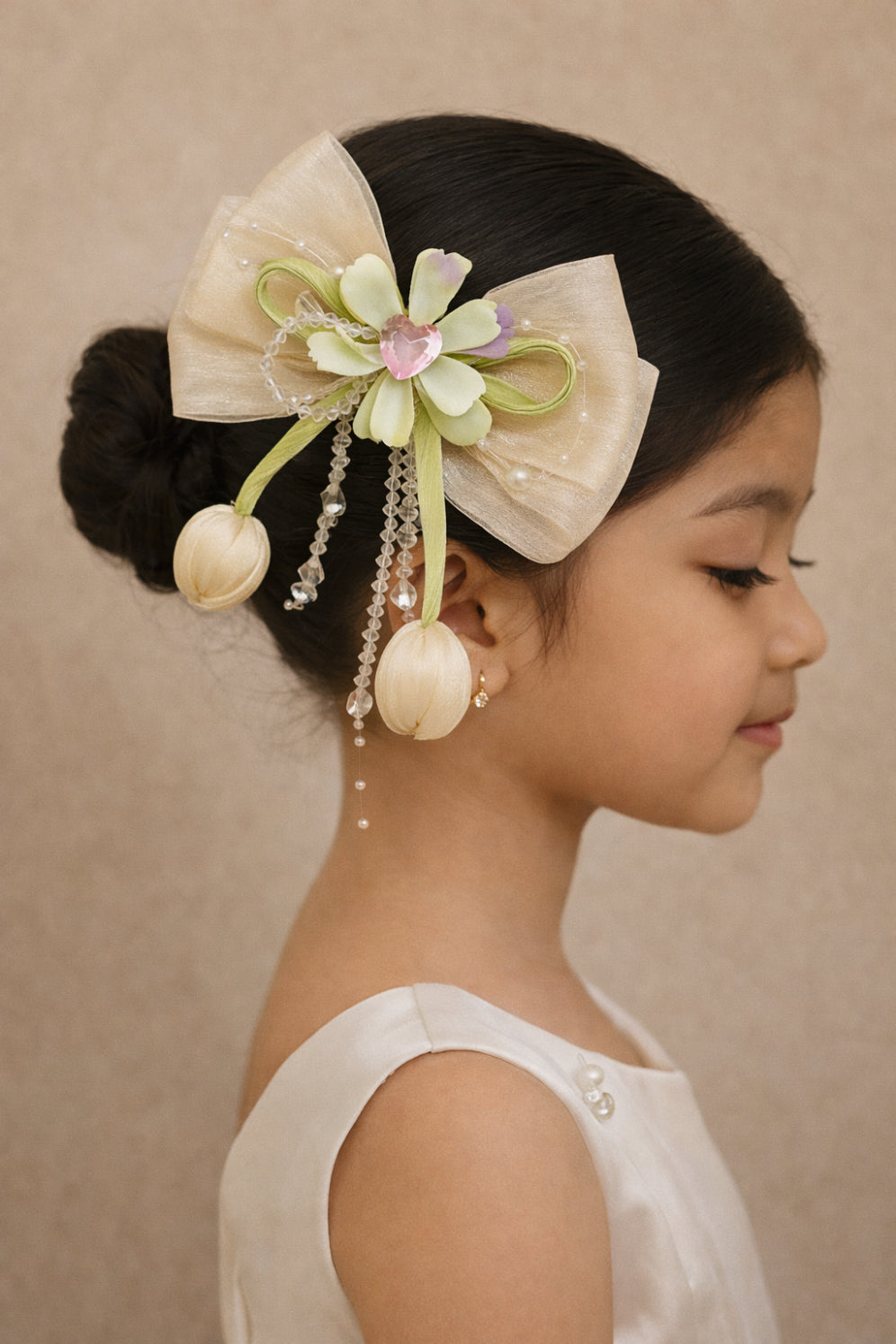 Choko Floral Bow Hair Clip with Crystal Bead Tassels in Soft Ivory Fabric for Girls Party Wear