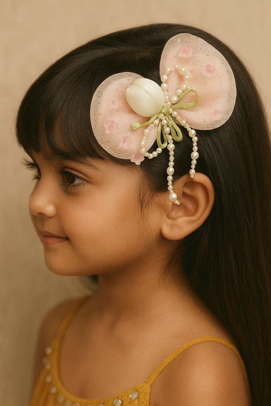 Choko Floral Bow Hair Clip with Pearl Tassels in Soft Pink Sheer Fabric for Girls Party Wear
