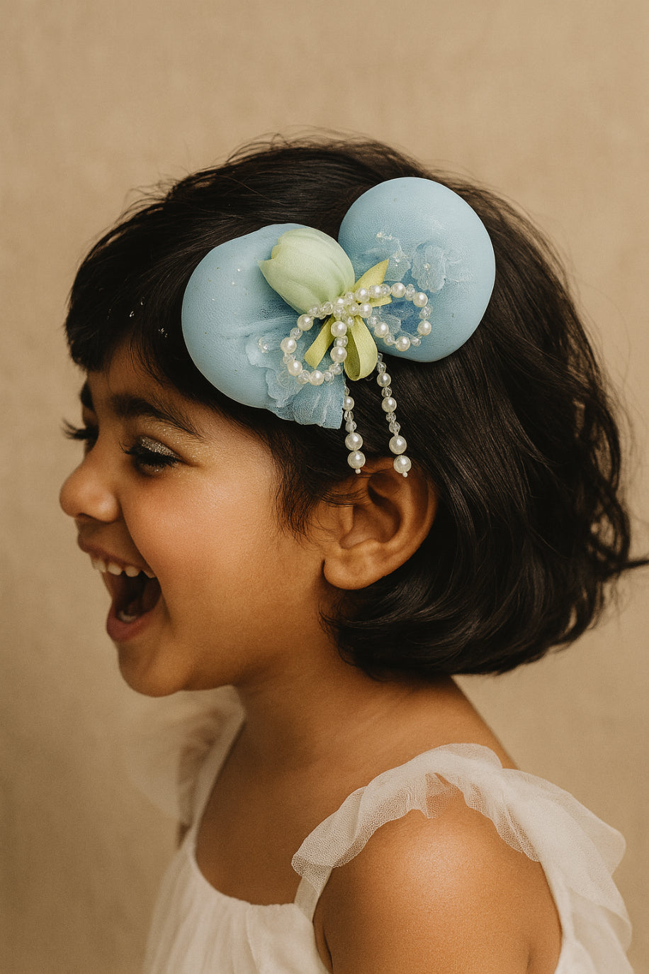 Choko Floral Bow Hair Clip with Pearl Tassels in Soft Sky Blue Sheer Fabric for Girls Party Wear