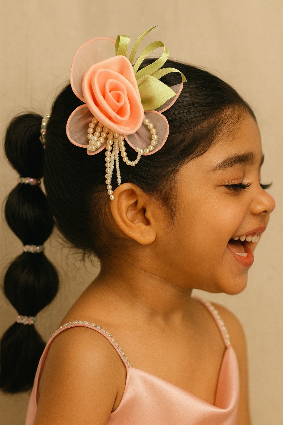 Choko Rose Flower Hair Clip with Pearl Tassels and Satin Petals for Girls Elegant Party Wear - Peach, Green, White