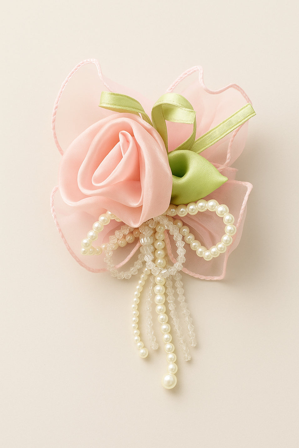 Choko Rose Flower Hair Clip with Pearl Tassels and Sheer Fabric Layers for Girls Party Wear - Peach, Green, White