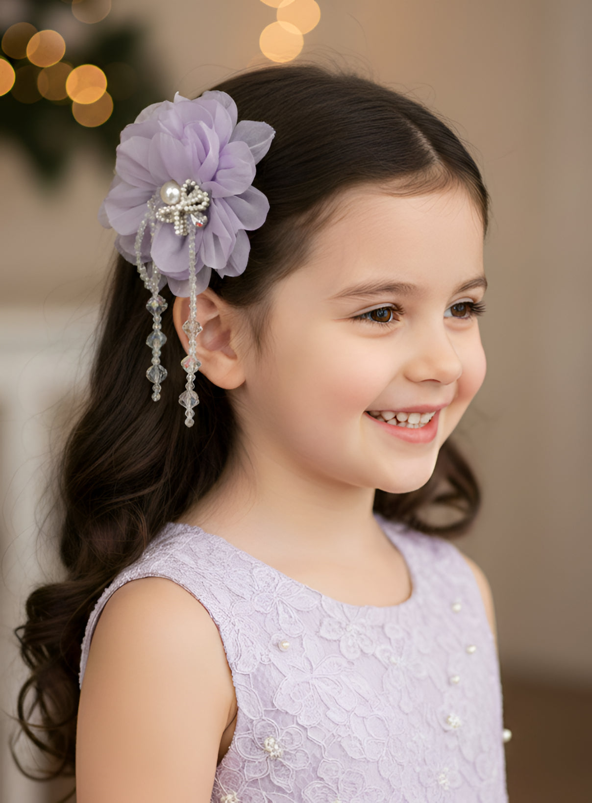Choko Lavender Chiffon Floral Alligator Hair Clip with Pearl Crystal Drops Party Wear for Girls