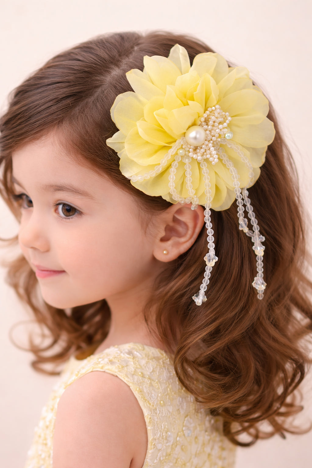 Choko Yellow Chiffon Floral Alligator Hair Clip with Pearl Crystal Drops Party Wear for Girls