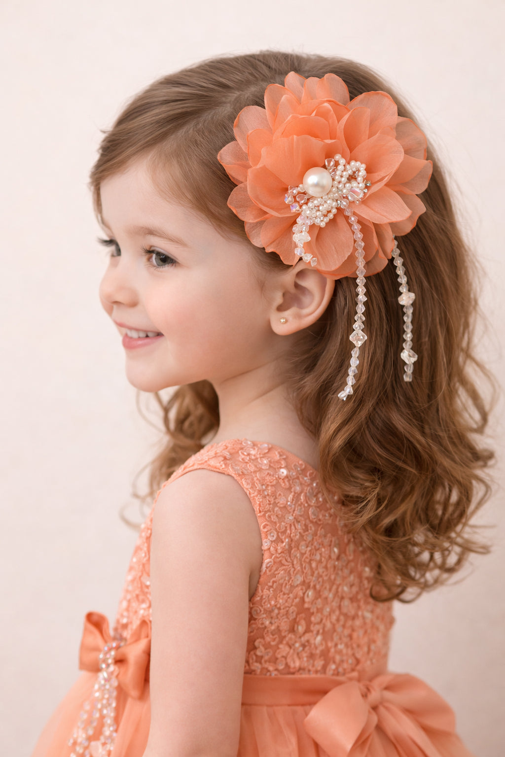 Choko Coral Peach Chiffon Floral Alligator Hair Clip with Pearl Crystal Drops Party Wear for Girls