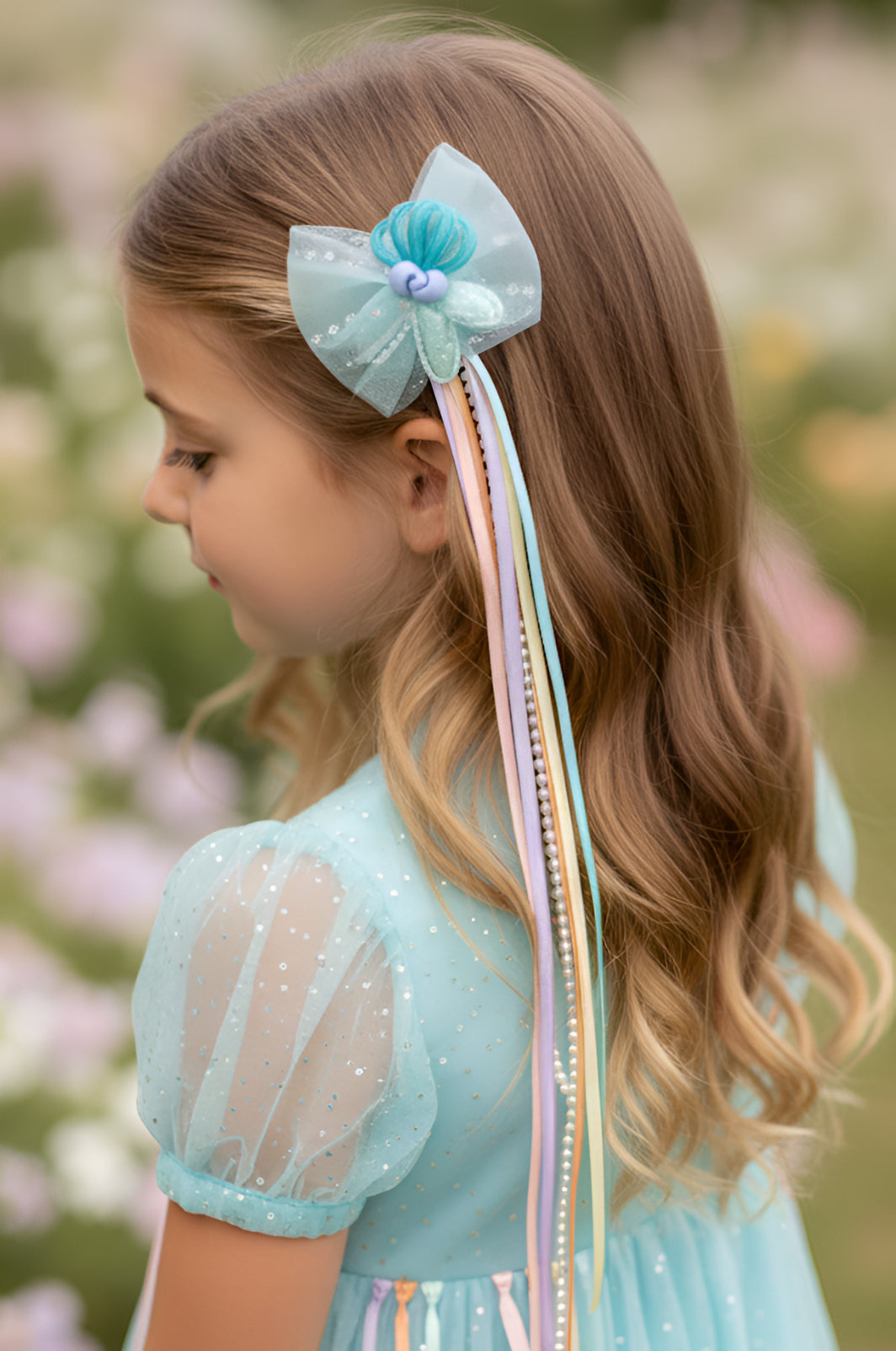 Choko Pastel Bow Alligator Hair Clip with Rainbow Ribbons Pearl Strand Party Wear for Girls