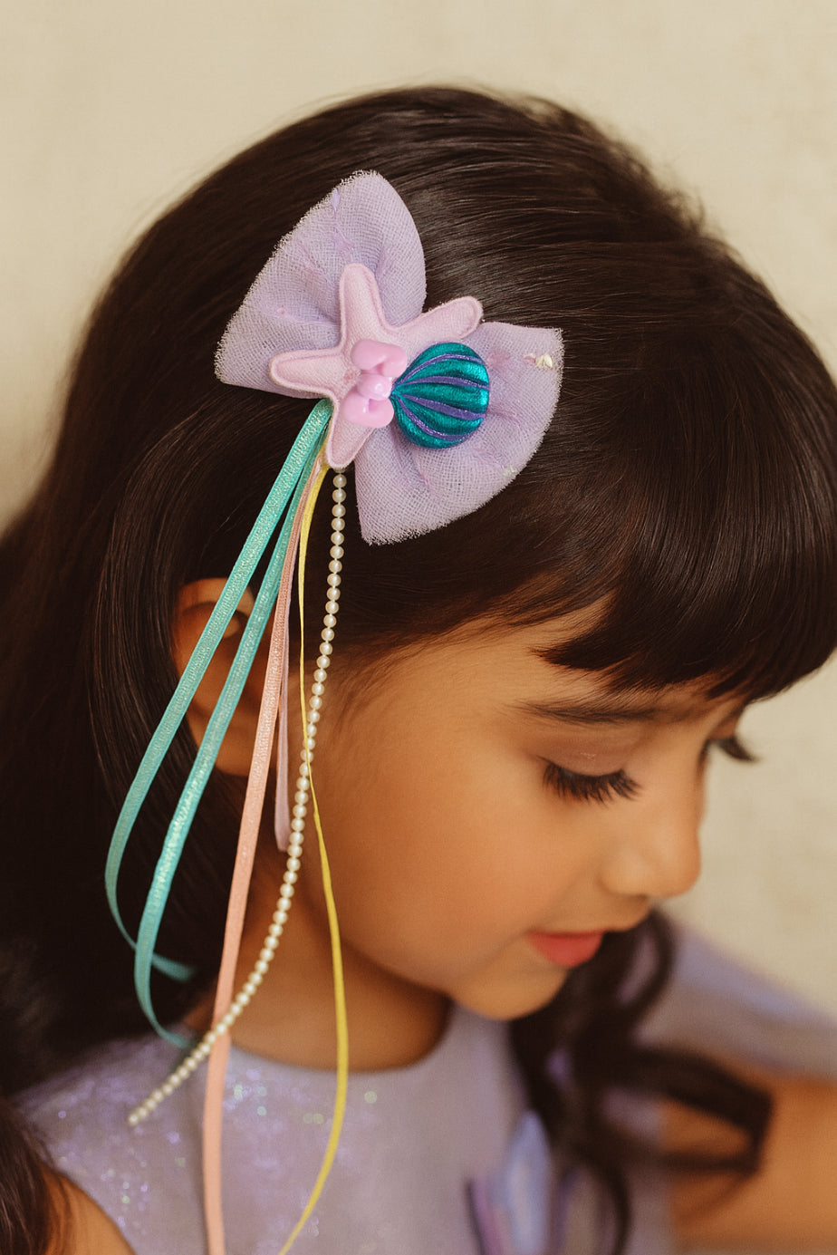 Choko Purple Pastel Bow Alligator Hair Clip with Starfish Rainbow Ribbons Party Wear for Girls