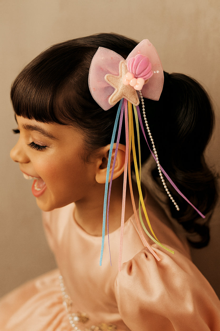 Choko Pink Pastel Bow Alligator Hair Clip with Starfish Rainbow Ribbons Party Wear for Girls