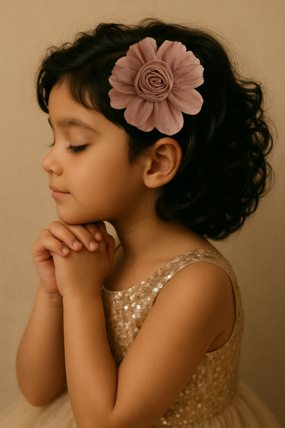 Choko Soft Beige Fabric Rose Hair Clip for Girls with Layered Petals for Parties & Daily Styling