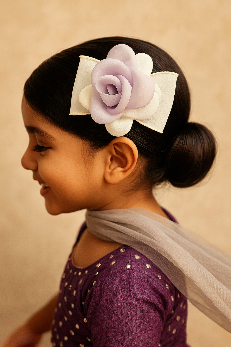 Choko Purple Rose Bow Alligator Hair Clip for Girls with Ivory Fabric Bow for Party & Daily Wear