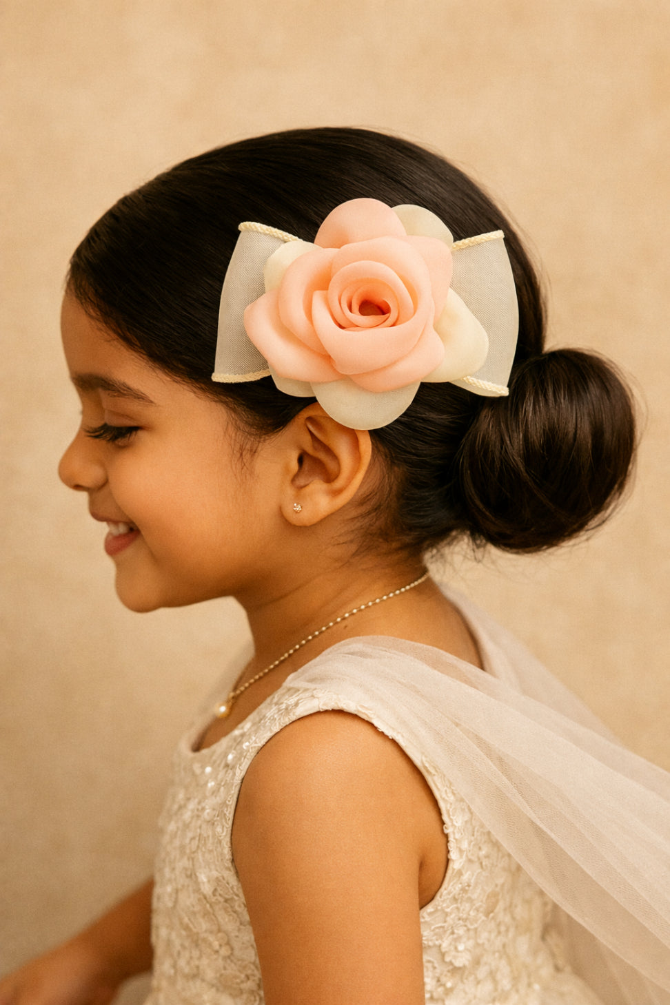 Choko Peach Rose Bow Alligator Hair Clip for Girls with Ivory Fabric Bow for Party & Daily Wear