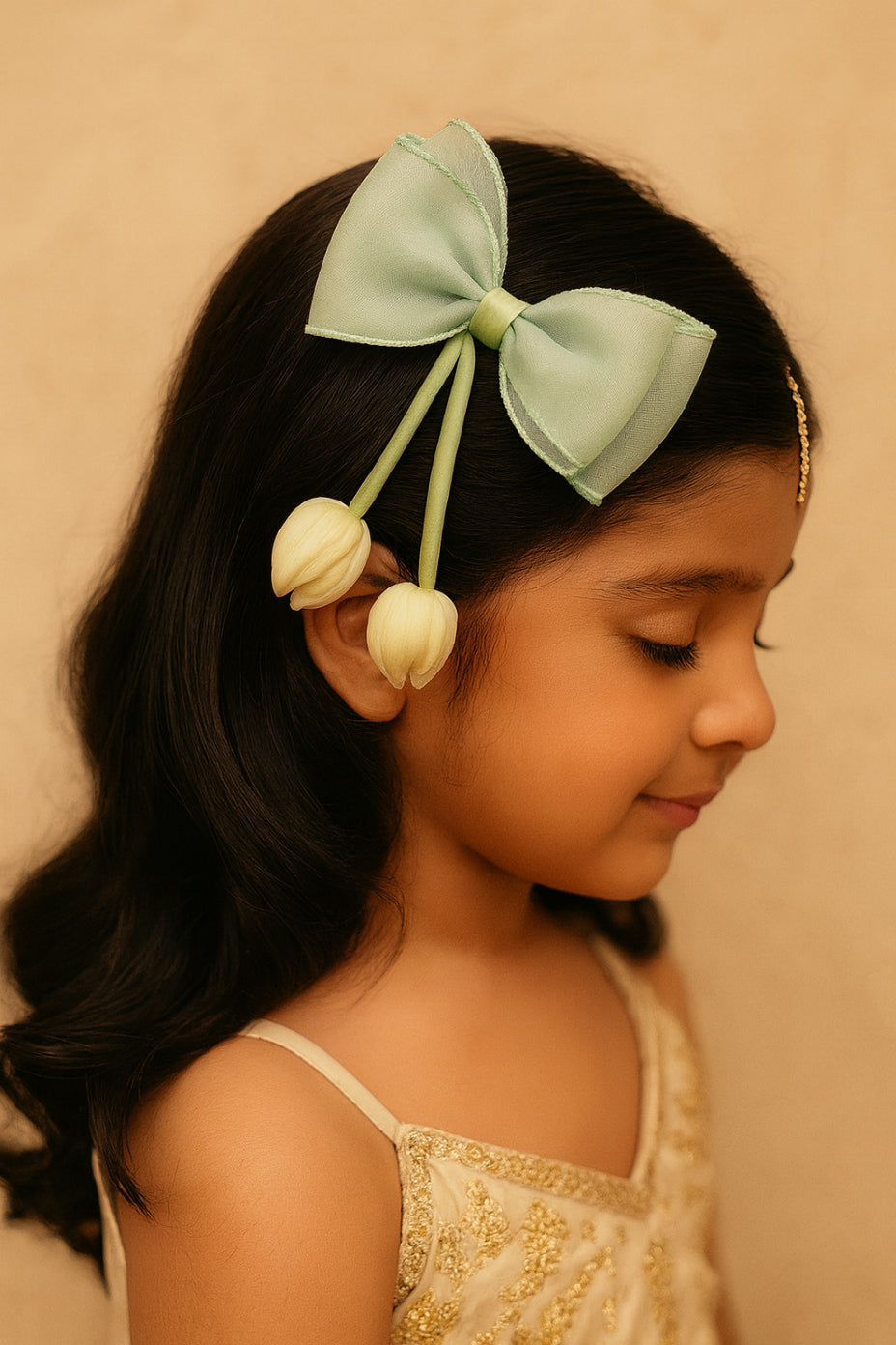 Choko Sky Blue Bow Hair Clip for Girls with Hanging Flower Tassels for Party & Daily Wear