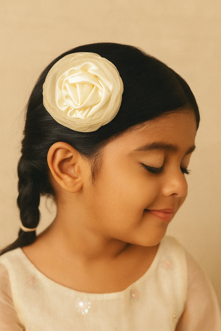 Choko Elegant Cream Satin Rose Alligator Hair Clip for Girls for Weddings & Festive Wear