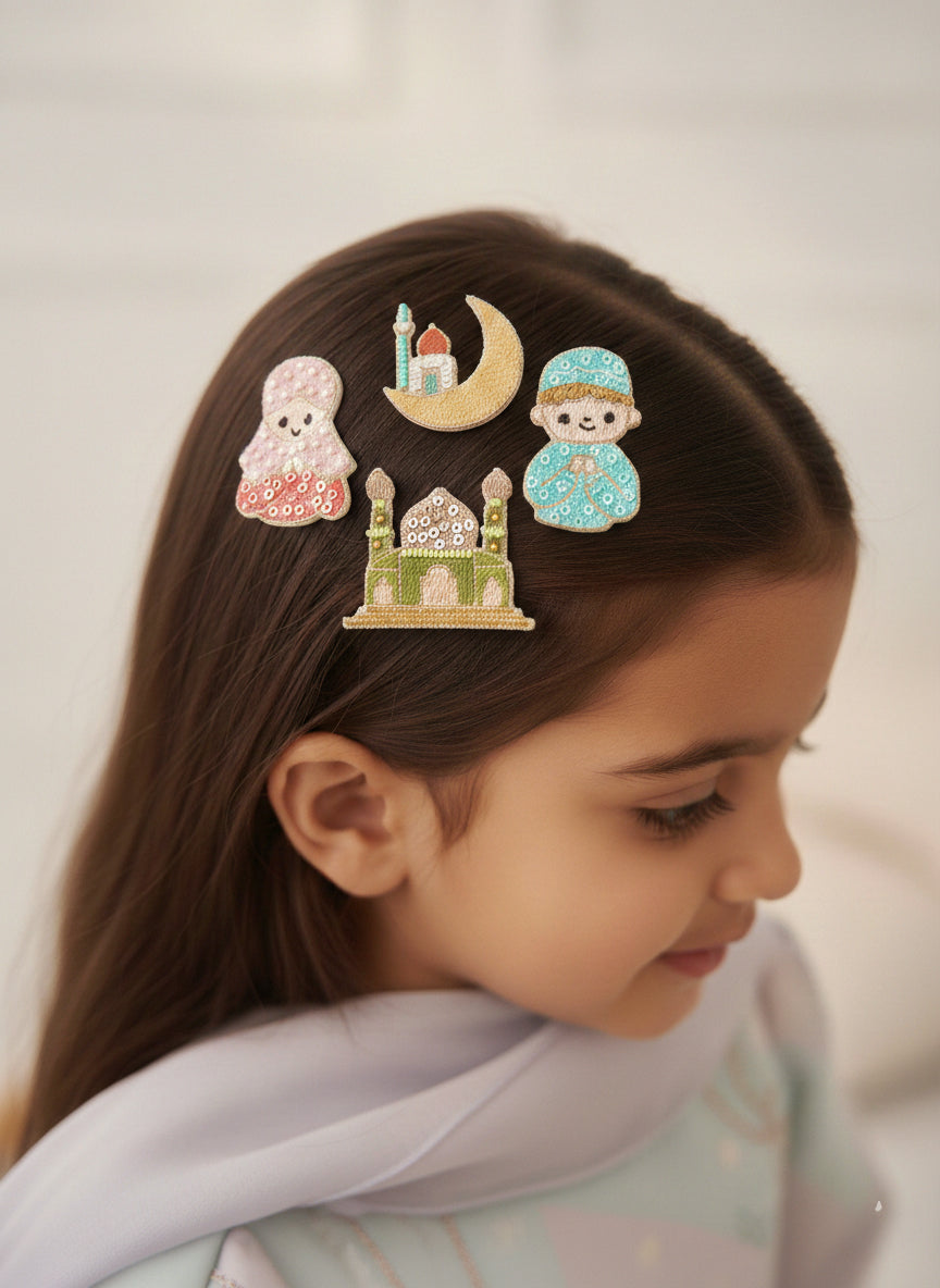 Choko Gold & Green Eid Festival Embroidered Alligator Hair Clip 4 Set for Kids with Islamic Motifs