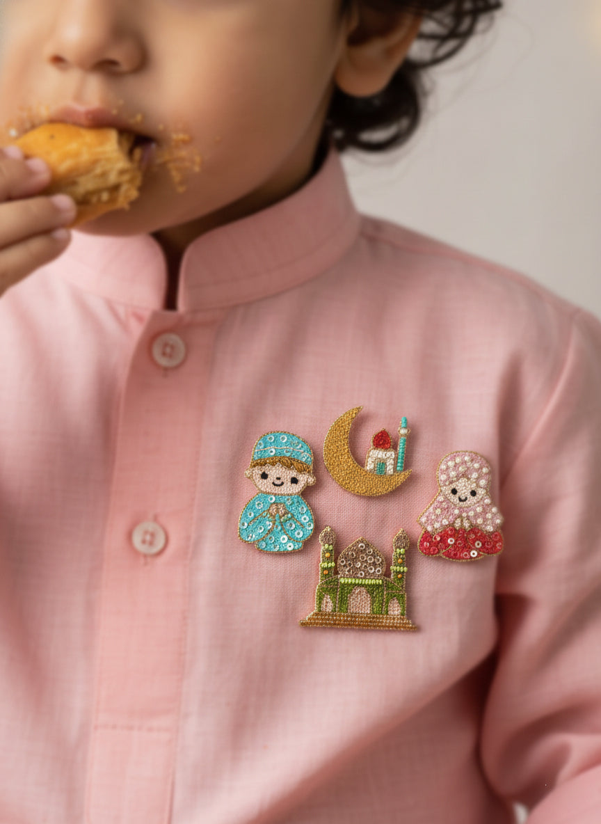 Choko Gold & Green Eid Festival Embroidered Brooch Pin 4 Set for Kids with Islamic Motifs