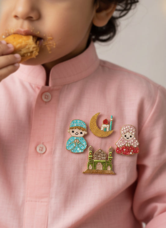 Choko Gold & Green Eid Festival Embroidered Brooch Pin 4 Set for Kids with Islamic Motifs
