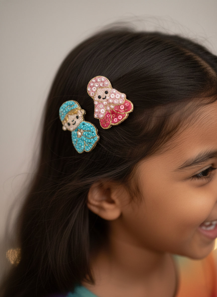 Choko Sky & Pink Eid Festival Embroidered Set of 2 Hair Clip for Kids with Islamic Motifs