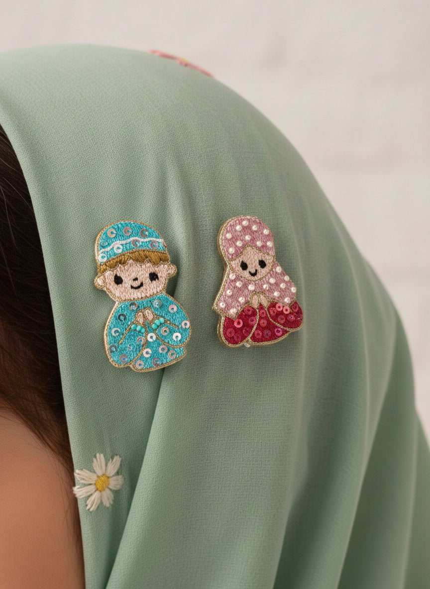 Choko Pink & Sky Eid Festival Embroidered Brooch Pin 2 Set for Kids with Islamic Motifs