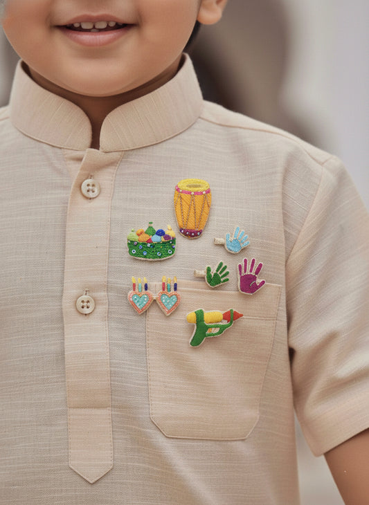 Choko Girls Set of 7 Green Embroidered Holi Festive Fun Brooch Pins Accessory