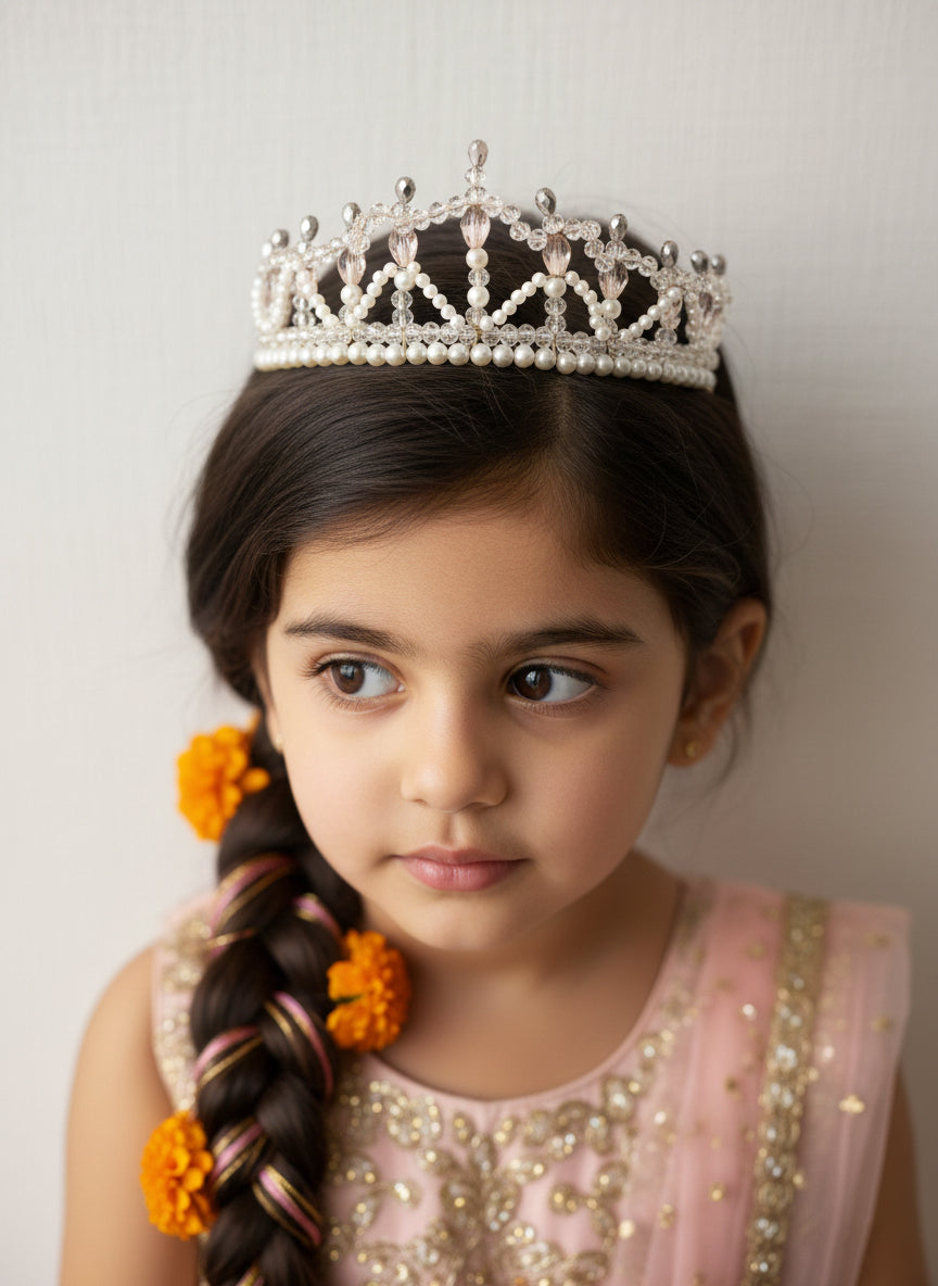 Choko Girls White Embellished Royal Pearl Studded Princess Tiara Crown