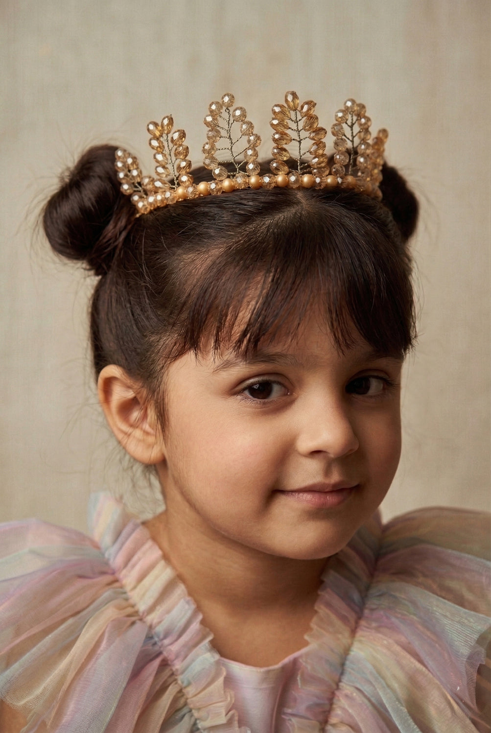 Choko Girls Gold Beaded Leaf Pattern Royal Crystal Studded Princess Crown Hair Band