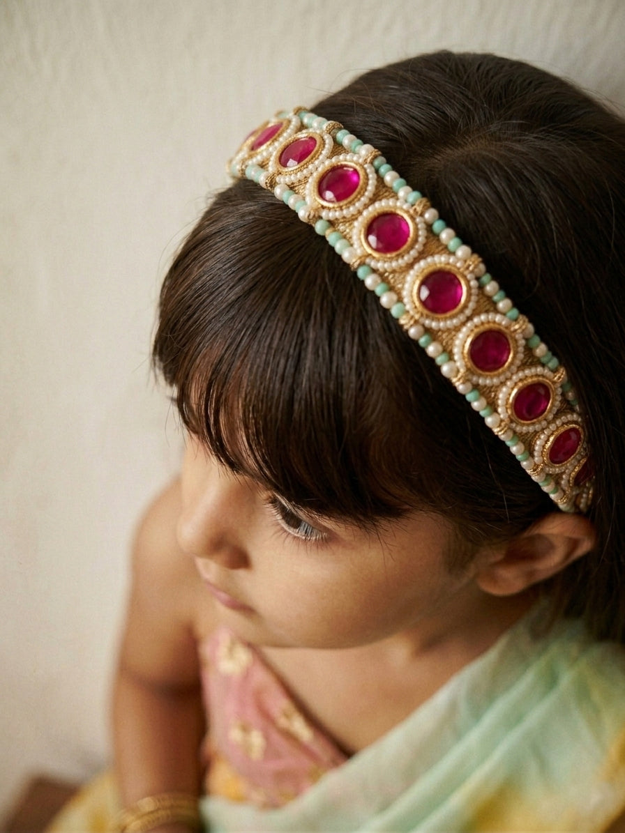 Choko Girls Gold Red Kundan Embellished Handcrafted Royal Ethnic Traditional Hair Band