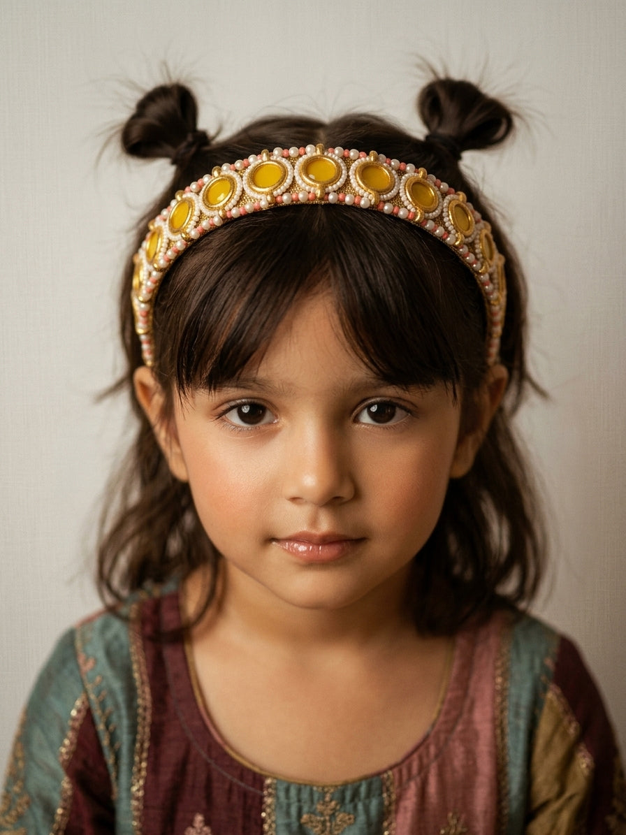 Choko Girls Gold Yellow Kundan Embellished Handcrafted Royal Ethnic Traditional Hair Band