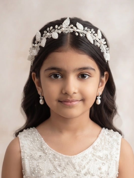 Choko Girls White Pearl Leaf Crown Embellished Handcrafted Royal Traditional Hair Band