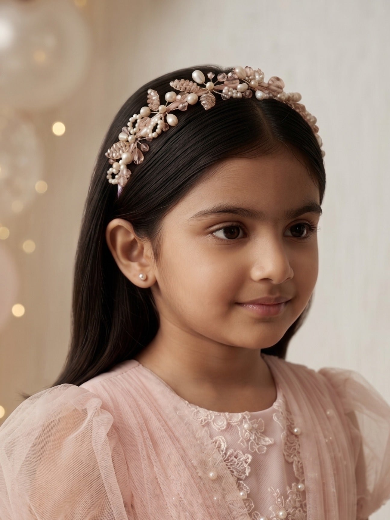 Choko Girls White Pearl Floral Vine Embellished Handcrafted Royal Traditional Hair Band - Pink