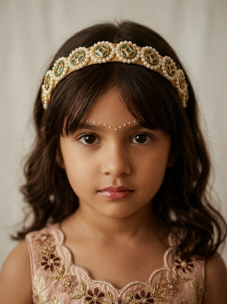 Choko Girls Gold Green Kundan Embellished Handcrafted Royal Ethnic Traditional Hair Band