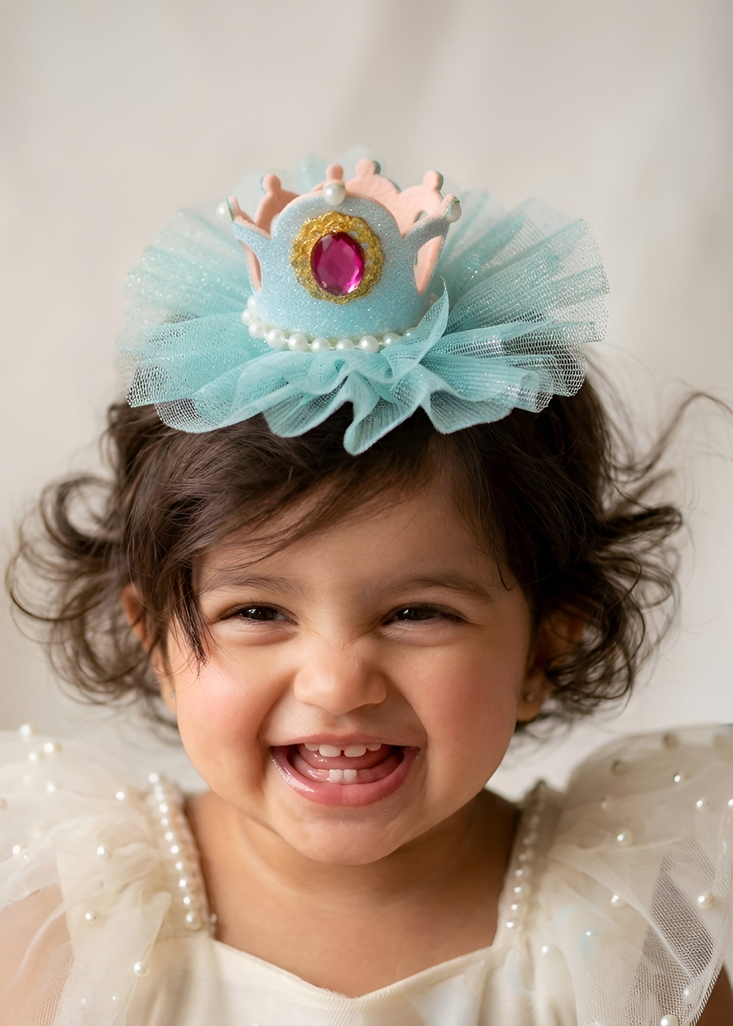 Choko Girls Blue Flared Mesh Ruffle Pattern Elegant Grip Princess Crown Hair Clip
