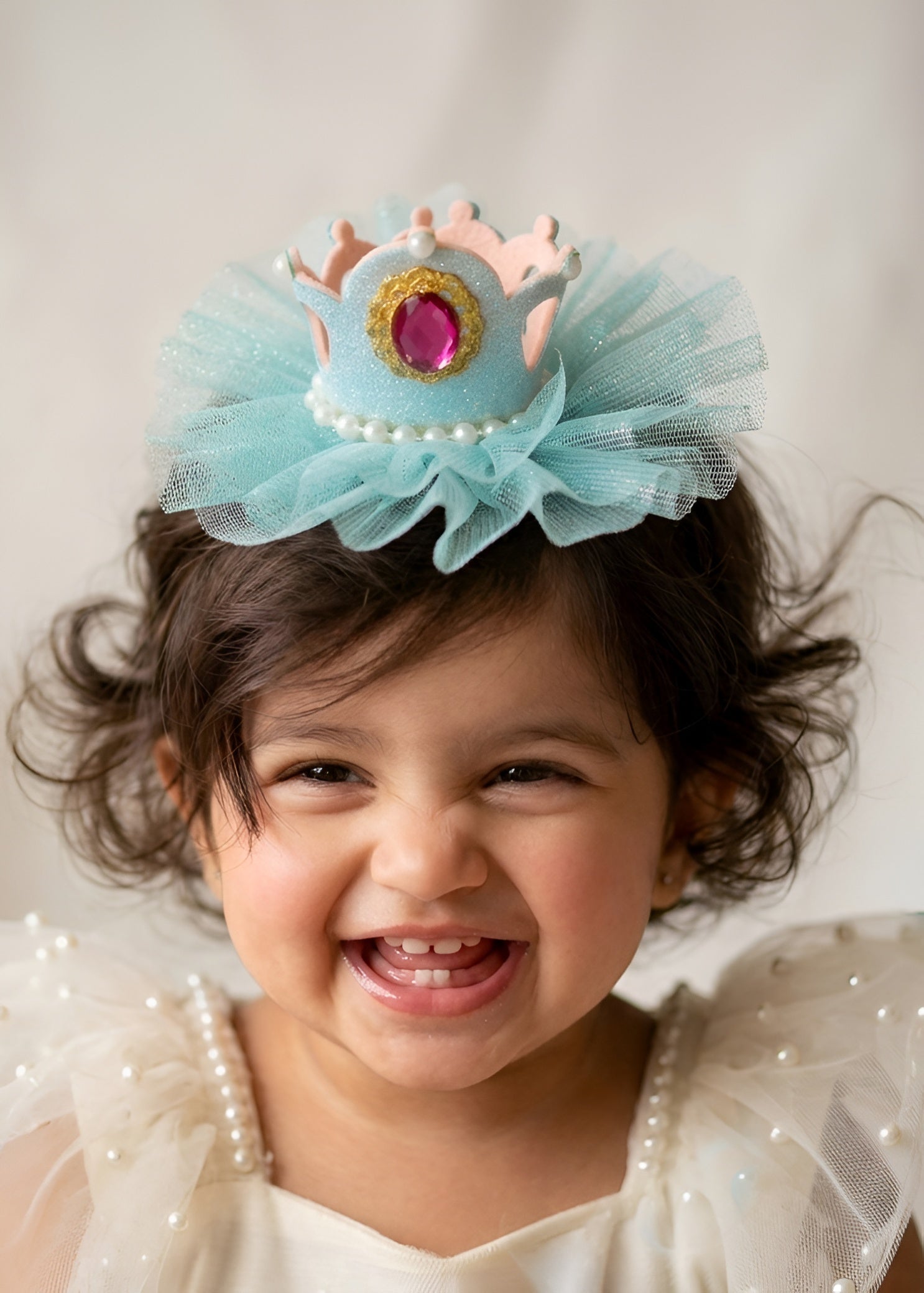Choko Girls Blue Flared Mesh Ruffle Pattern Elegant Grip Princess Crown Hair Clip