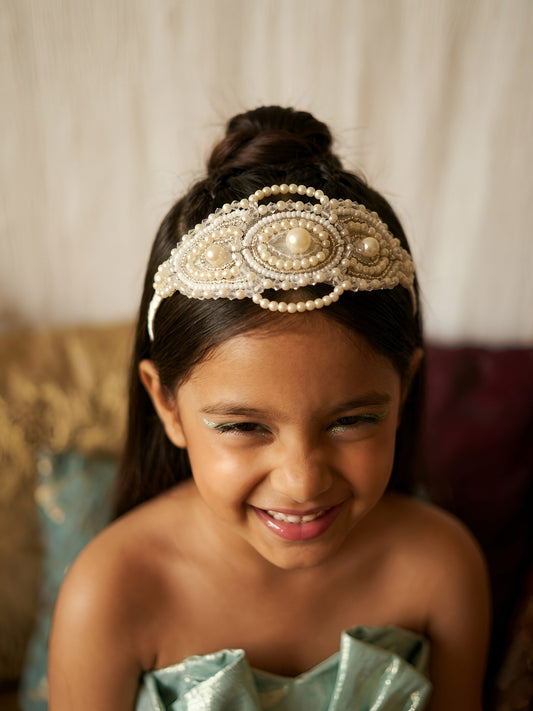 Choko White Pearl Beaded Embellished Wide Hair Band with Elegant Design for Girls