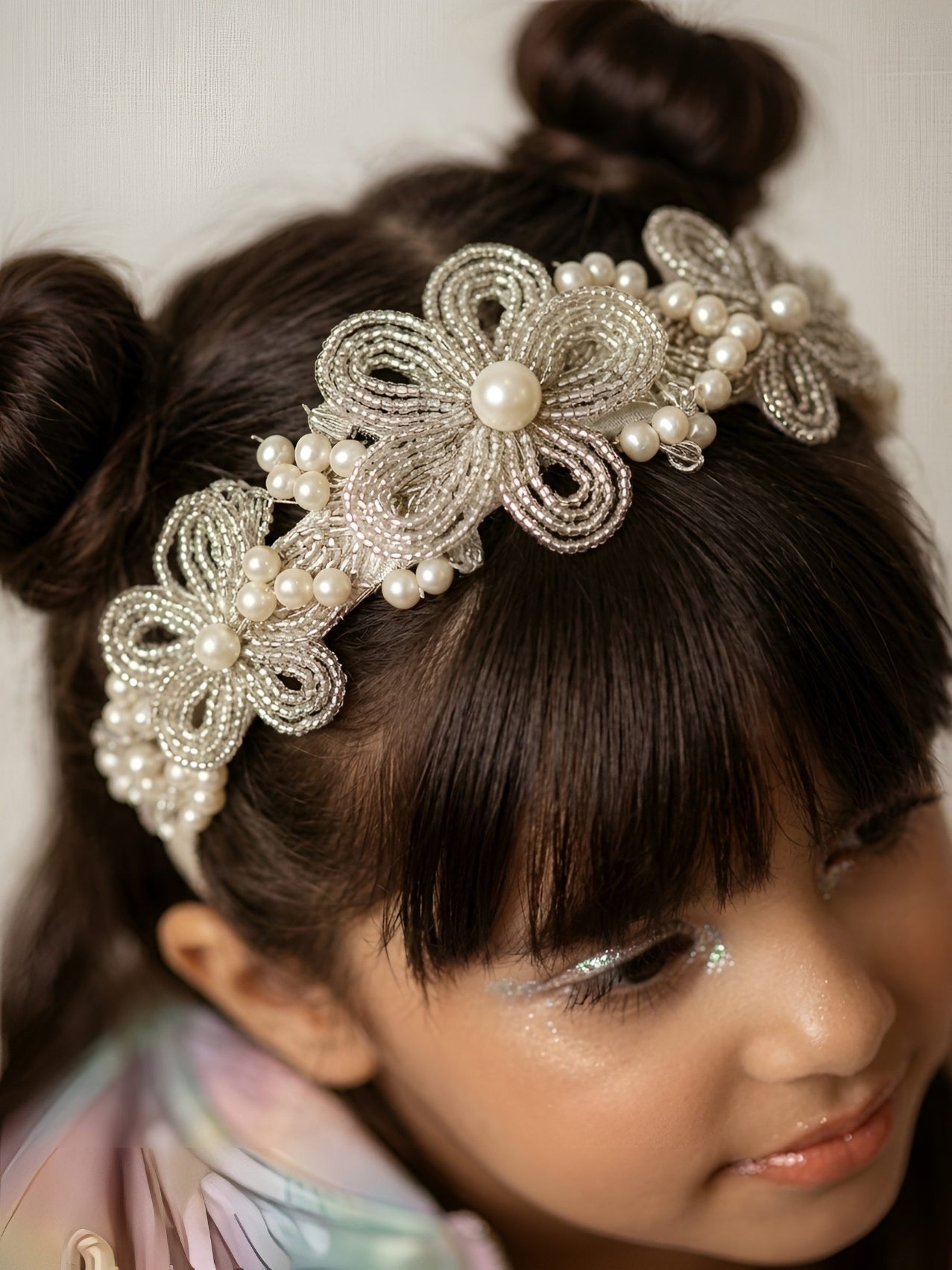 Choko Silver Beaded Flower Design Hair Band with Pearl Accents for Girls Festive Party Wear