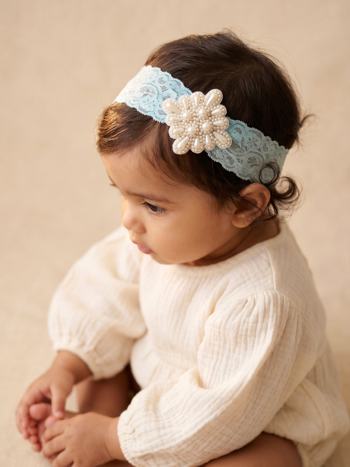 Choko Girls Blue Handcrafted Pearl Studded Geometric Medallion Headband For Festive Wear