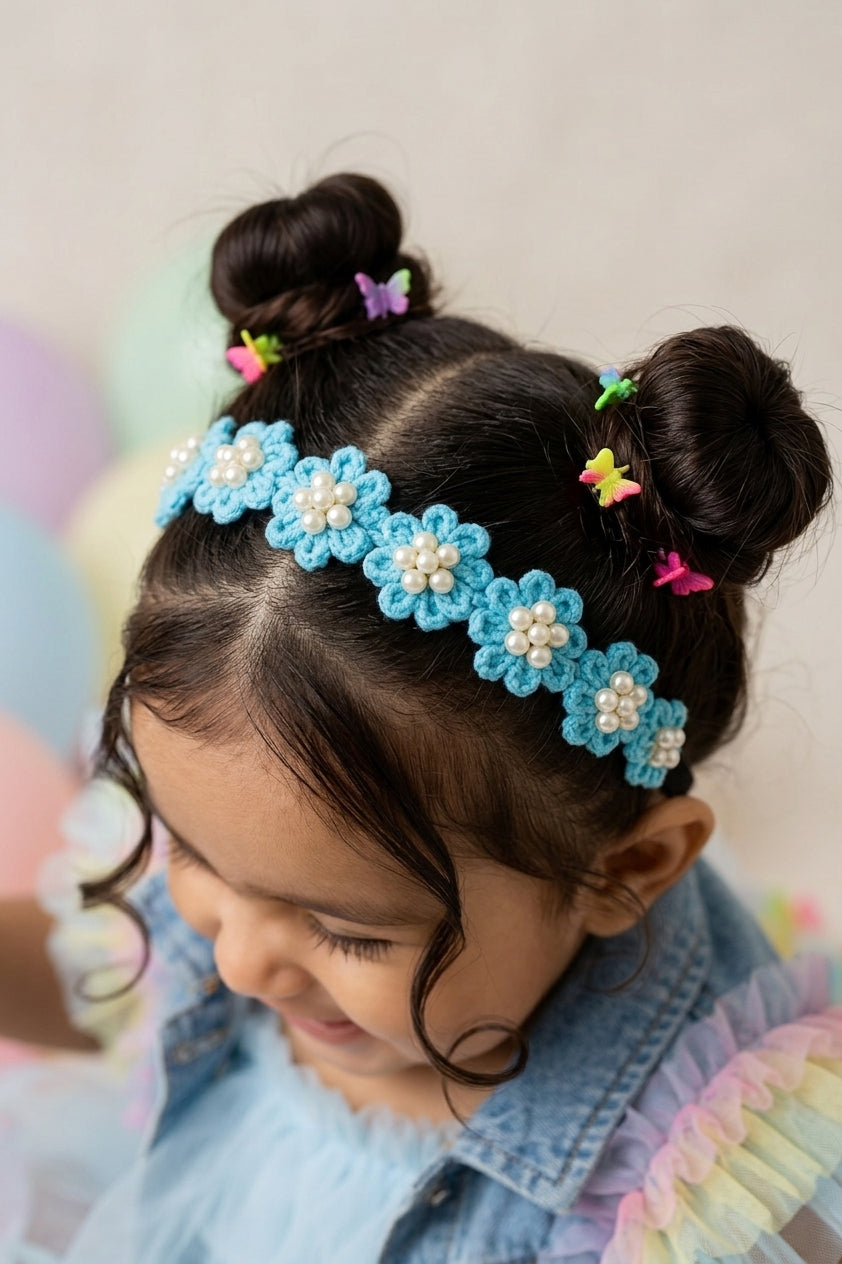 Choko Girls Blue Crochet Floral Pearl Studded Handcrafted Woven Headband For All Occasions
