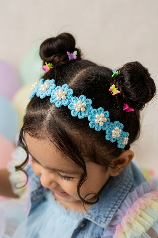Choko Girls Blue Crochet Floral Pearl Studded Handcrafted Woven Headband For All Occasions
