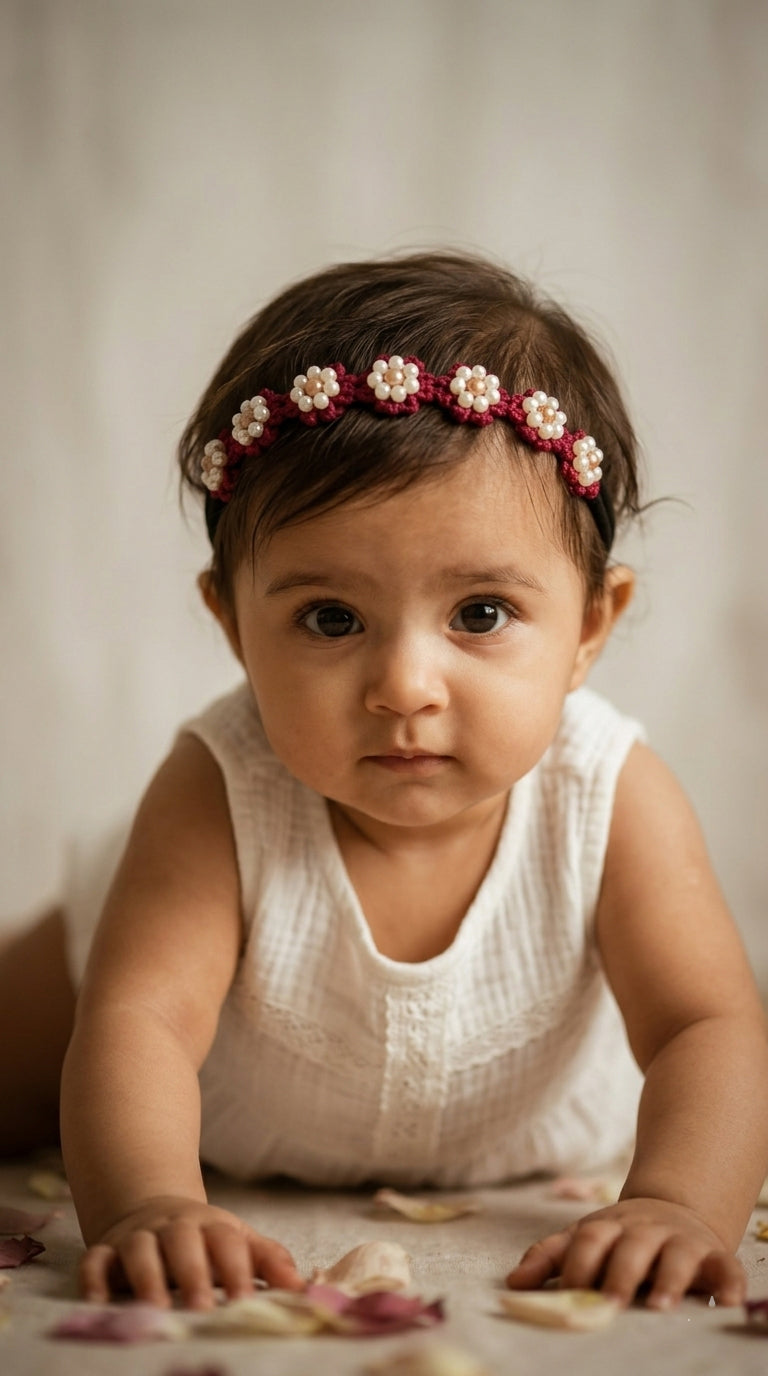 Choko Girls Maroon Crochet Floral Pearl Studded Handcrafted Headband For All Occasions
