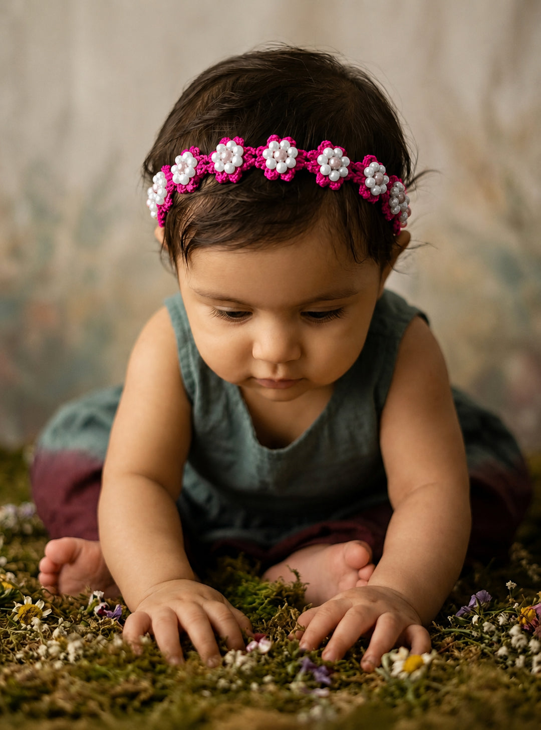 Choko Girls Pink Crochet Floral Pearl Studded Handcrafted Woven Headband For All Occasions