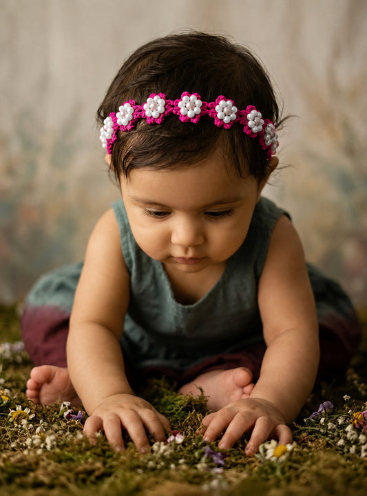 Choko Girls Pink Crochet Floral Pearl Studded Handcrafted Woven Headband For All Occasions