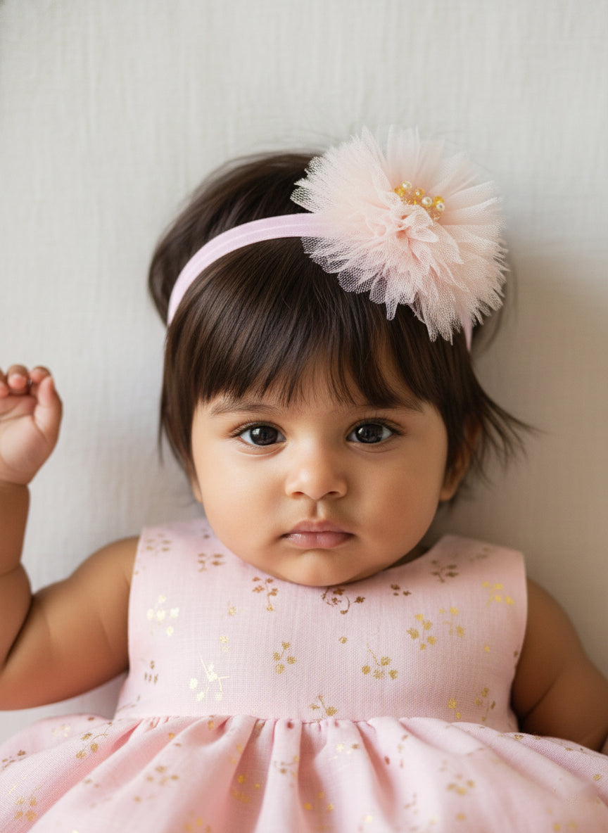 Choko Girls Pink Tulle Flower Pearl Studded Handcrafted Headband For All Occasions