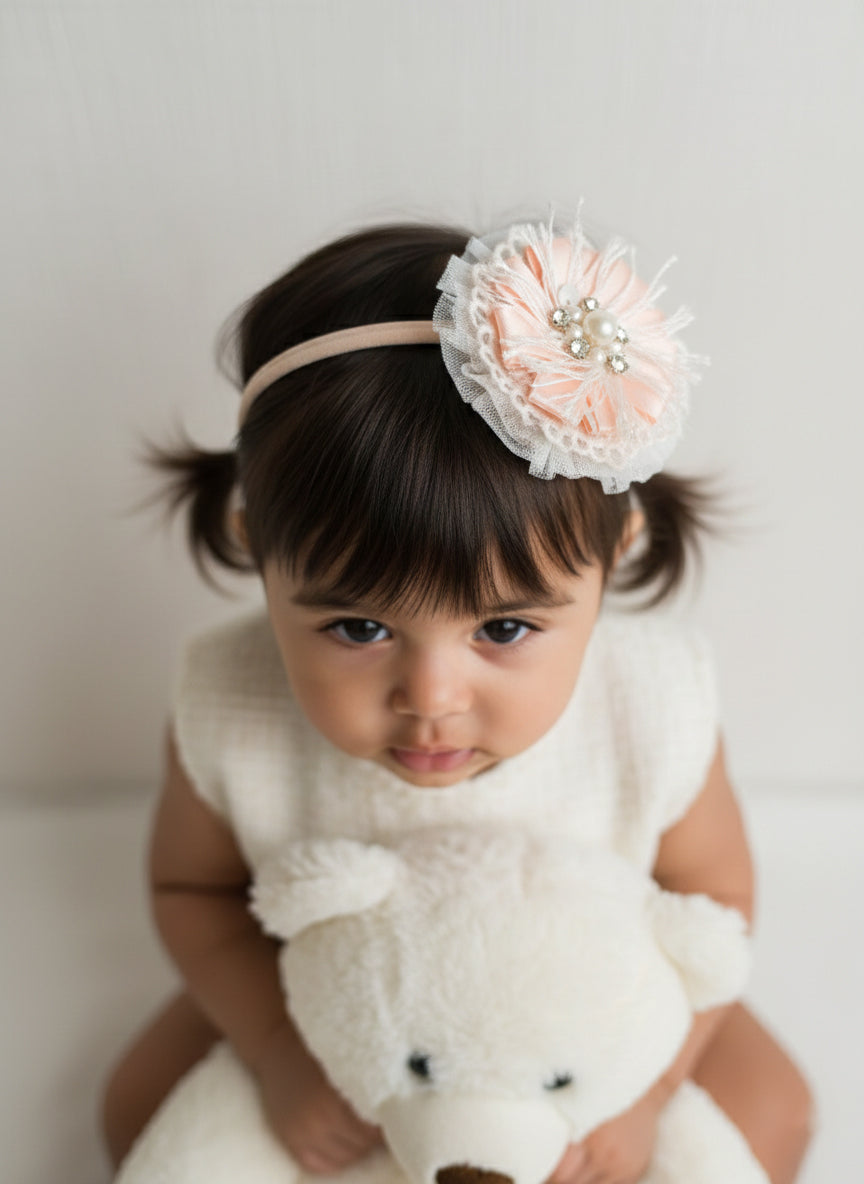 Choko Girls Peach Tulle Flower Crystal Pearl Studded Headband For All Occasions