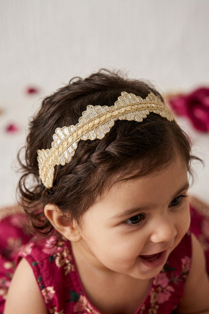 Choko Girls Gold Handcrafted Scalloped Pattern Metallic Lace Headband For Festive Wear