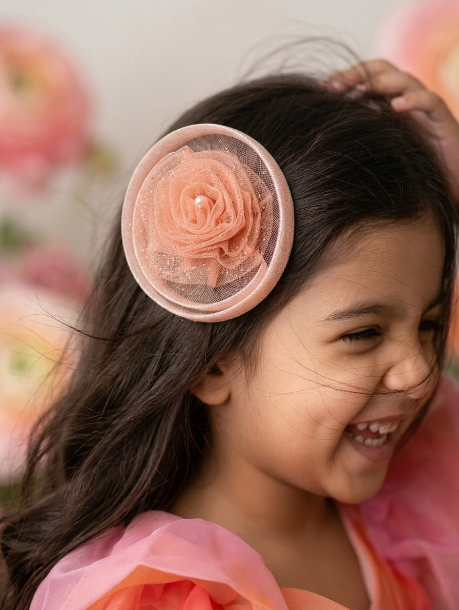 Choko Peach Floral Mesh Fascinator Alligator Hair Clip for Girls Birthday & Parties