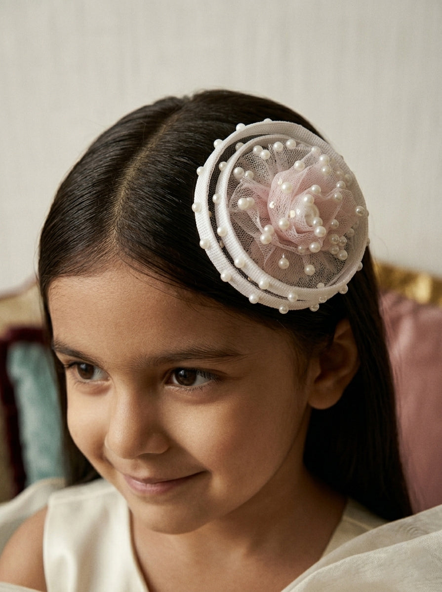 Choko Pink Pearl Studded Mesh Floral Fascinator Alligator Hair Clip for Birthday Parties for Girls