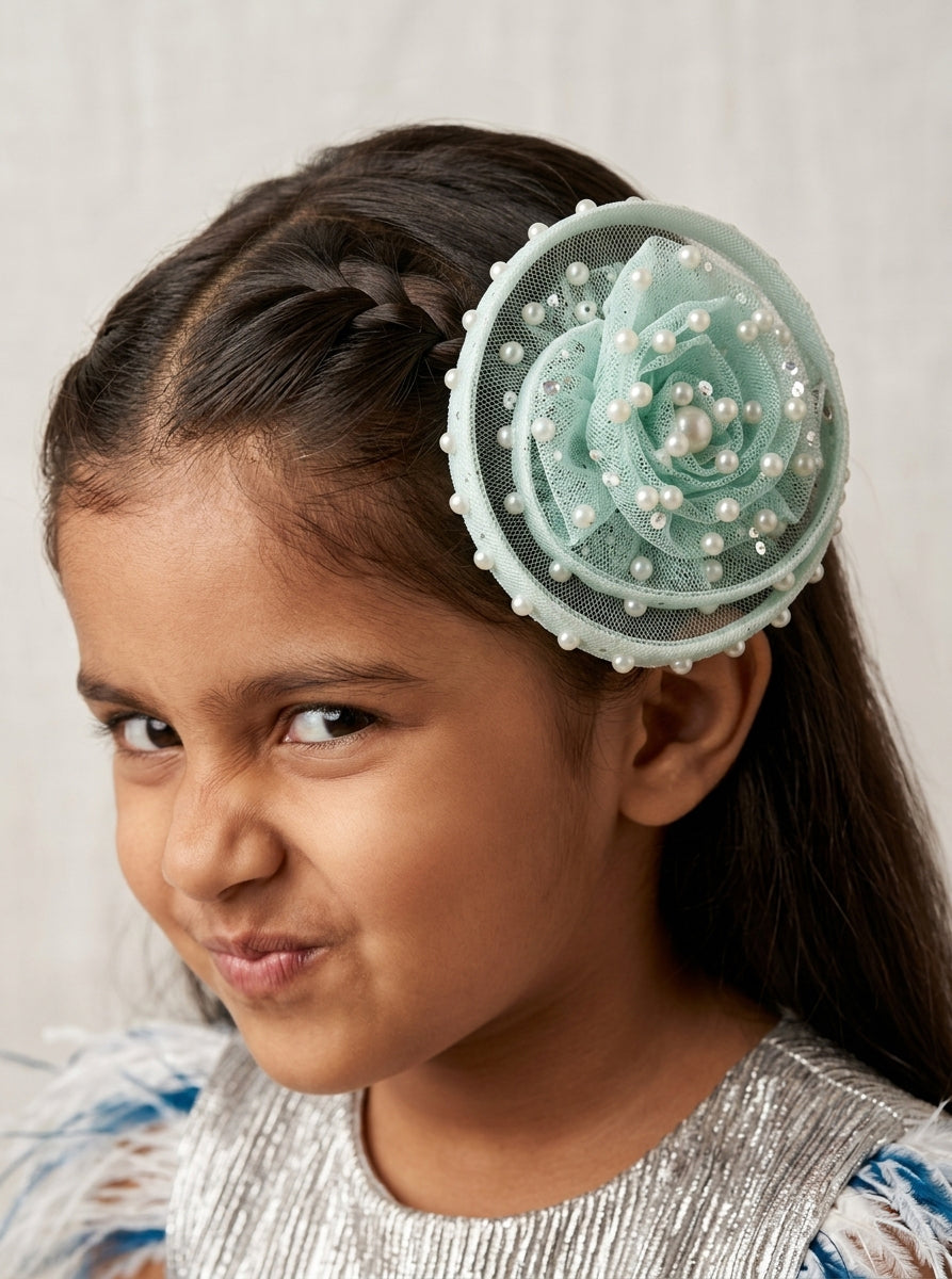 Choko Blue Pearl Embellished Mesh Rose Fascinator Hair Clip for Birthday & Festive Parties for Girls